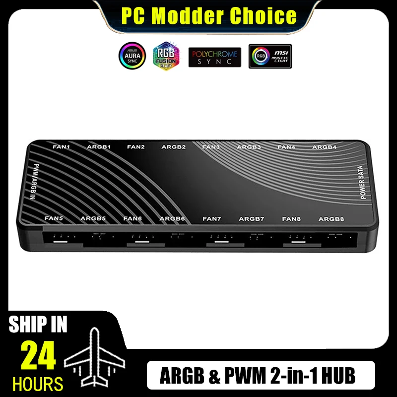 

Computer Case ARGB + PWM 8X Fan Hub 2-in-1 Chassis Fan Series 4Pin Connector 5V 3Pin Divine Light Sync, 8+8 Headers HA-02