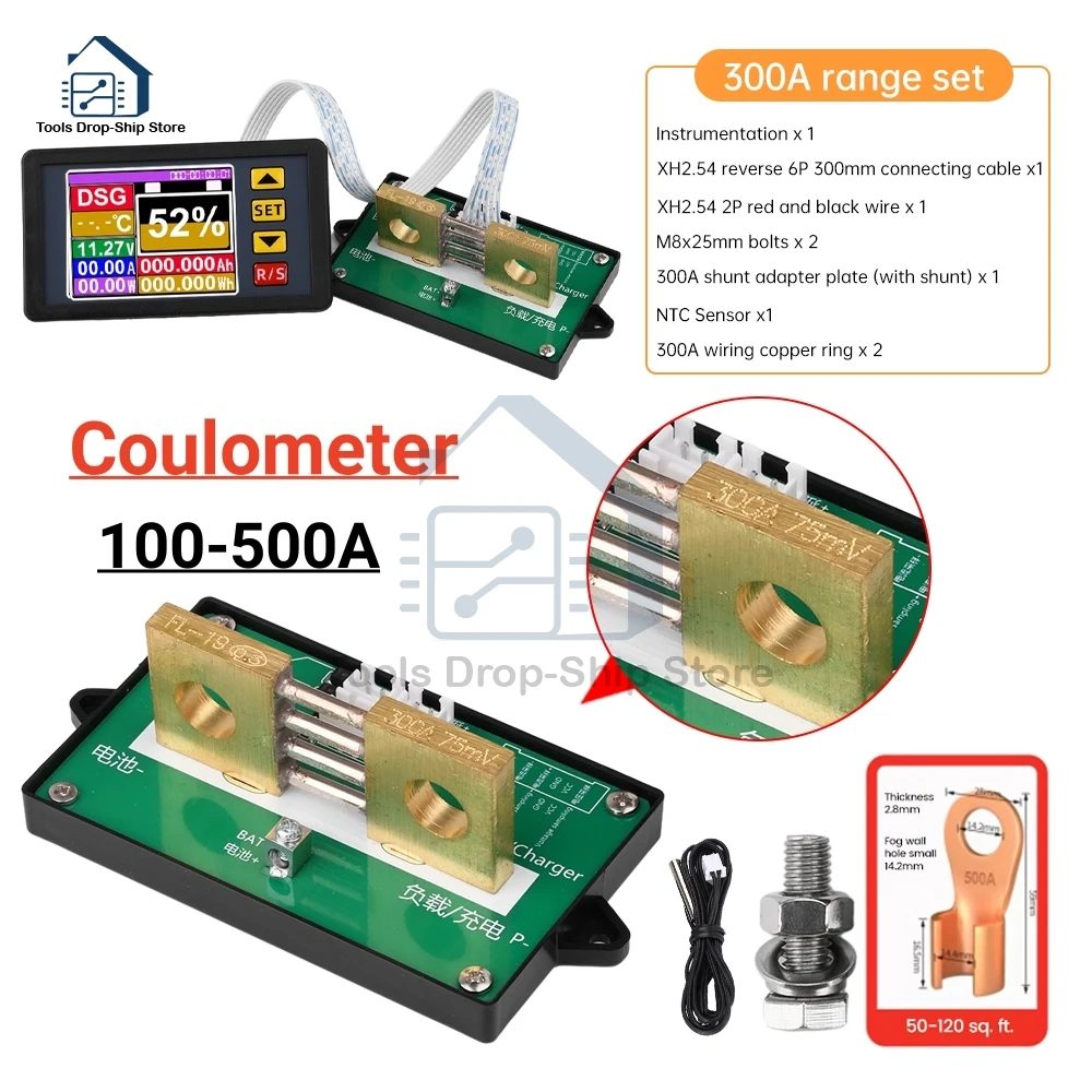 

100A-500A Current Metering Coulometer Color Screen DC7-200V Display Voltmeter Ammeter Power Meter Battery Capacity Tester