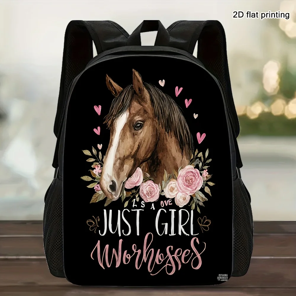 1 mochila de viaje ligera de gran capacidad, estampado de caballos y flores, eslogan de "Just a Girl Who Loves Horses", correas ajustables