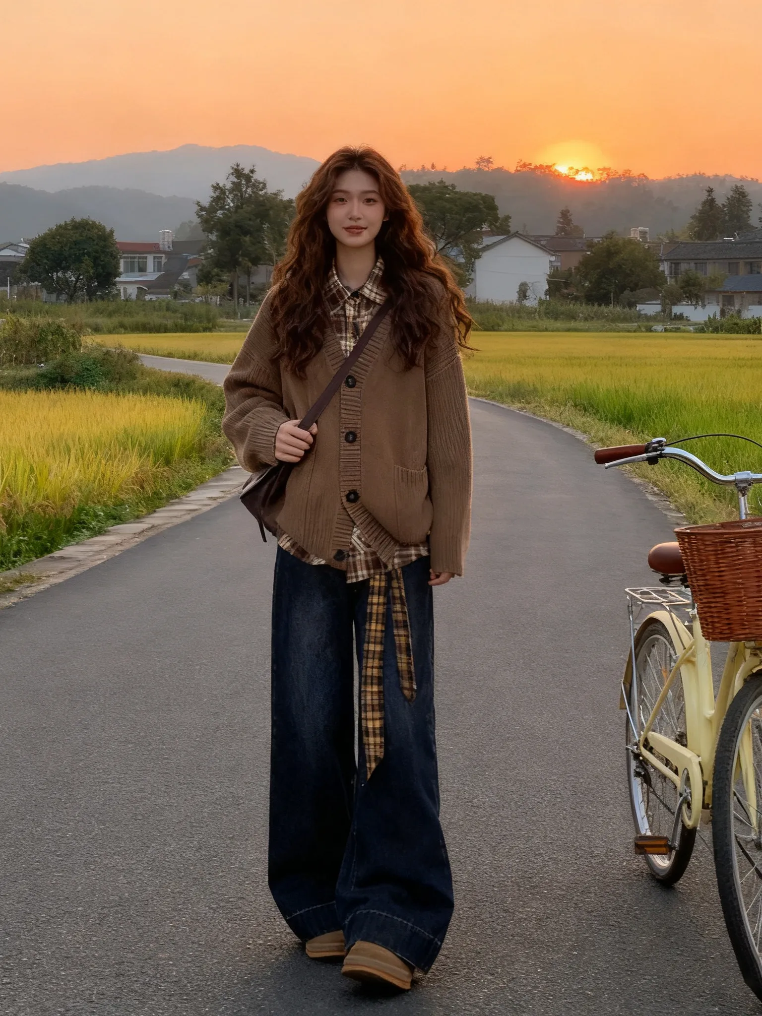 

Anti-Aging Winter Knitted Sweater Set with Plaid irt And Vintage Jeans Tee-Piece Set High Waist Long Pants V-Ne College...