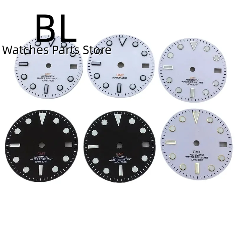 BLIGER Watch Parts 29mm White Dial Black Silver Gold Edge Time Mark Green Luminous Fit NH34 GMT Movements 3 O\'clock Date Funtion