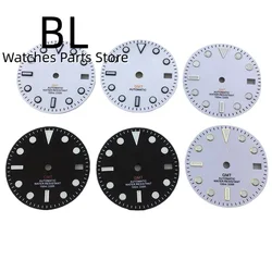 BLIGER Watch Parts 29mm White Dial Black Silver Gold Edge Time Mark Green Luminous Fit NH34 GMT Movements 3 O'clock Date Funtion