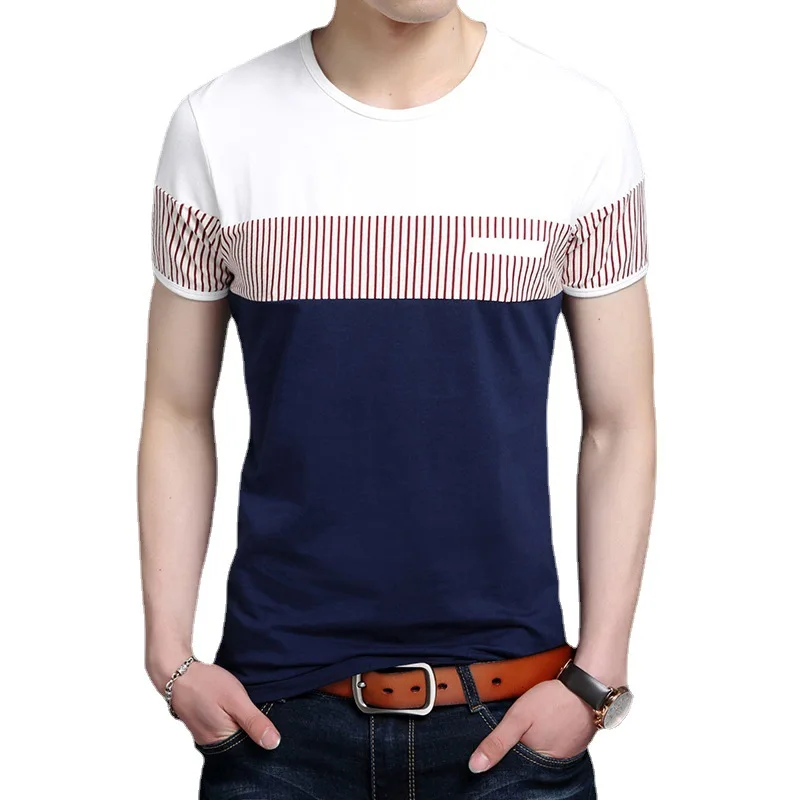 T Shirt Men Cotton Short Sleeve O Neck Striped Mens TShirts Fashion Patchwork Causal Slim Fit T Shirt Man Brand Men Clothing