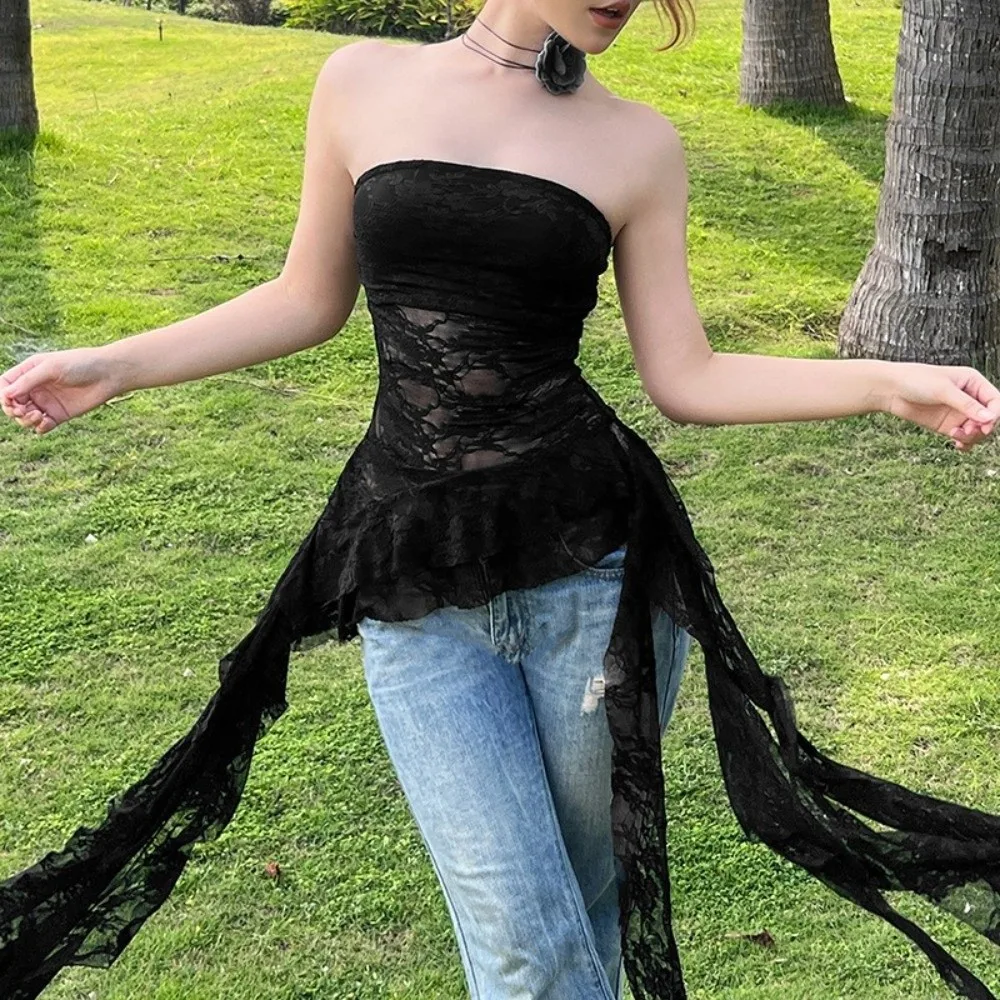 Trendy Y2k Jellyfish Mesh Tube Top Off Shoulder Transparent Lace Ruffle Vest Irregular Hem Streetwear Slim Fit Crop Tops Spring
