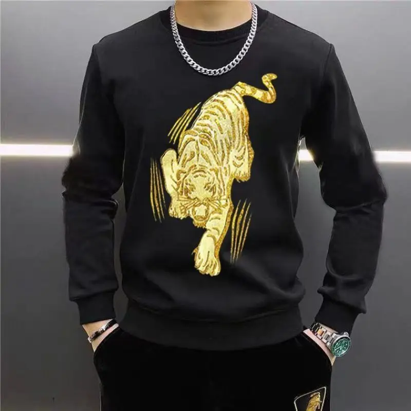 Men's Spring and Autumn Sweatshirts Distinctive Trendy Slim-fit Tiger Print Fashion Long-sleeved Sweatshirt Top