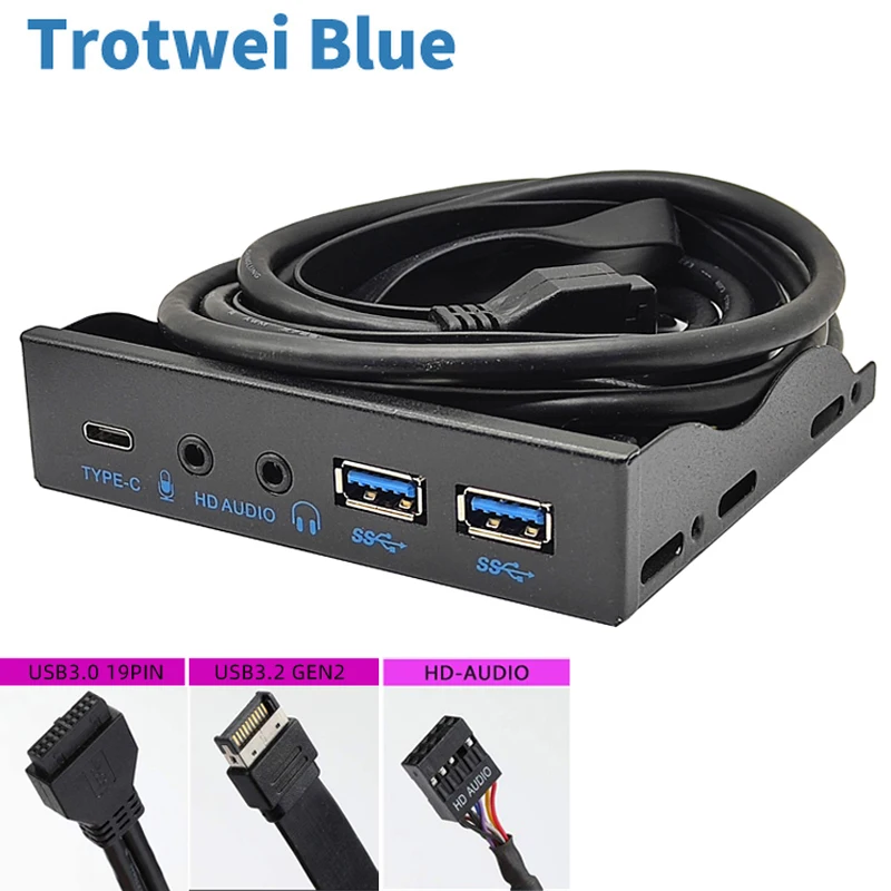 USB Front Panel for PC USB3.2 Gen2 10Gbps Type C + 19Pin 2Port USB3.0 Hub + HD Audio 3.5mm Earphone MIC for 3.5