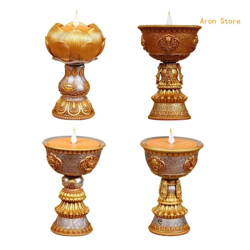 

LED Resin Lamp Tibetan Electronic Butter Lamp Buddhist Table Centerpiece Decor H3CF