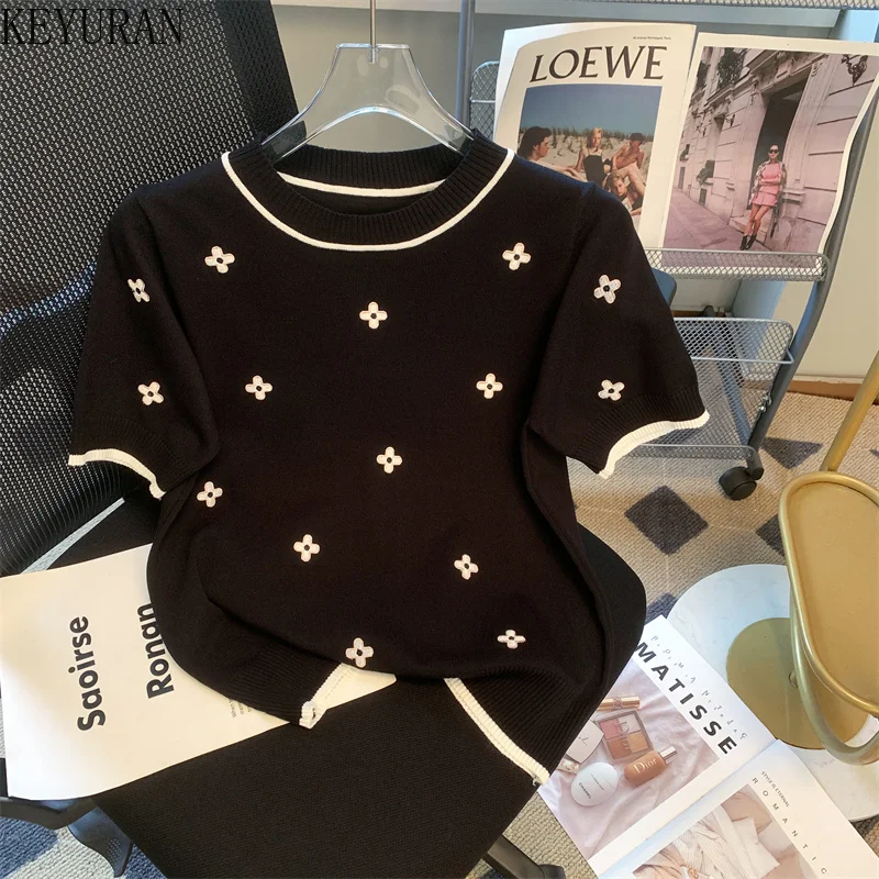 2024 Summer Embroidery Short Sleeve Sweater Women Ice Silk Knit T-Shirt Thin Pullovers Casual Loose Knitwear Tops Female Jumper