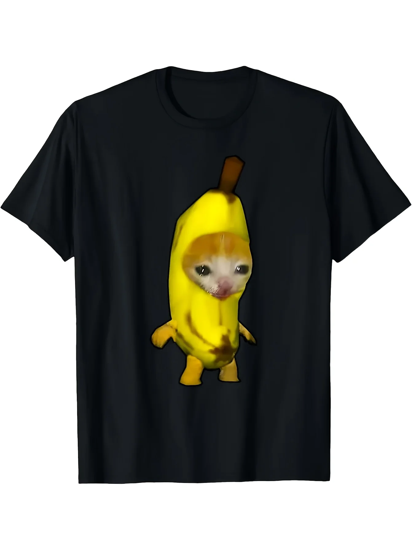 2026 Funny Banana Costume T-Shirt Suitable for - Casual Short Sleeve Round Neck Banana Kitten Print Tee, Comfortable Summer Outf