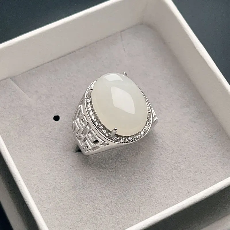 

12mm*16mm natural white Jade 925 silver ring for men large sixe silver jade ring for women 925 Silver jasper Jewelry