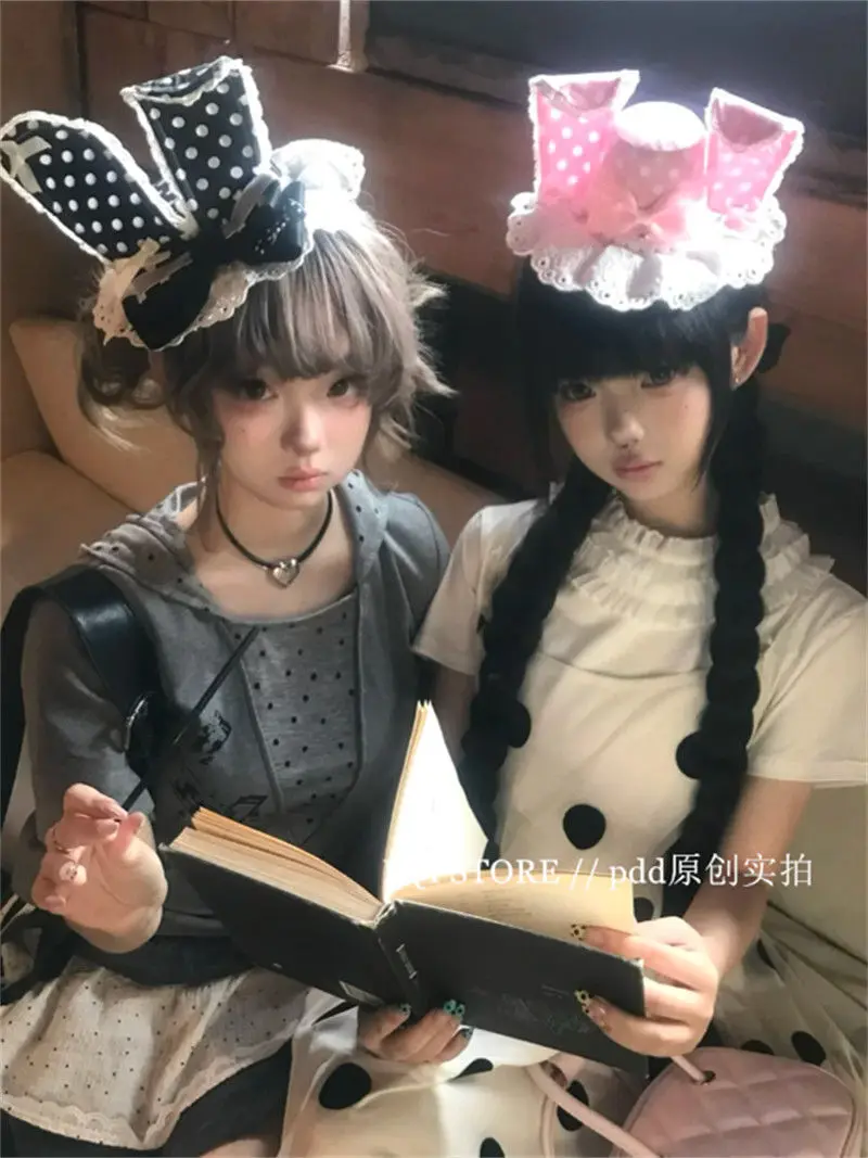 

Милый кружевной бант, черный, розовый, кроличьи уши, цилиндр, аксессуар для волос в стиле Лолиты, кавайная заколка для волос с волнистой точкой, кукольный стиль