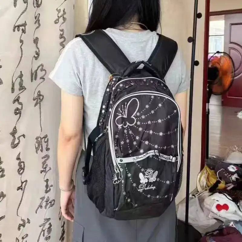 Bloom Retro Large Capacity Black Backpack College Student Print Schoolbag Women 2025 Vintage Versatile Y2k Backpacks Aesthetic