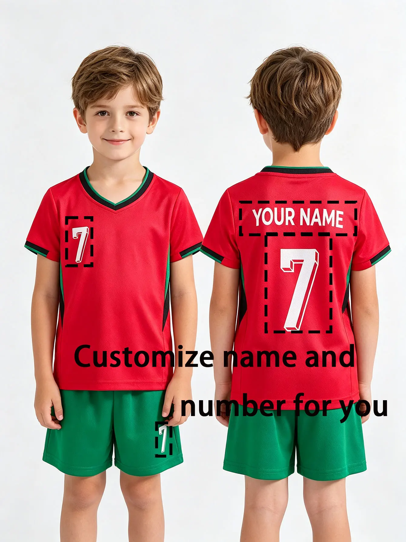 For Portugal CR Style Ronaldo 7# Personalized Name & Number Kids Custom Soccer Jersey Set Customized Boy Football Uniforms