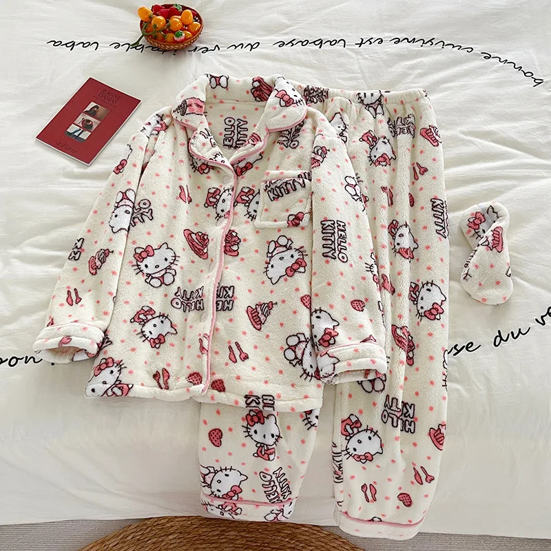 Sanrio Women\'s Pajama Set Hello Kitty Pachacco Autumn Winter Coral Fleece Thickened Warm Homewear Set Pijama Long Clothes Pants