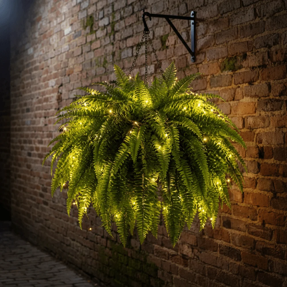 88 Leaves Glowing Boston Ferns with Lights Plastic Silk Leaf LED Artificial Boston Fern Realistic Warm Light