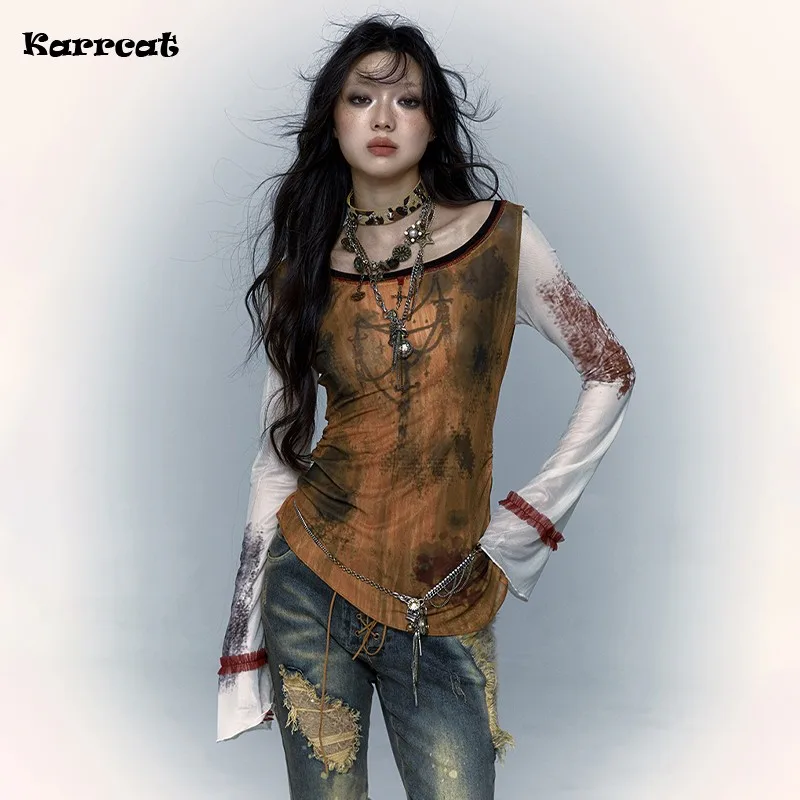 Karrcat Japanese Y2k Mesh Top Grunge Aesthetics Flare Sleeve Sheer Tops Vintage 2000s Trashy Patchwork T-shirt Wasteland Punk