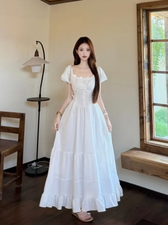 

plus Size Women's Sweet White Short Sleeve Dress Square Collar Waist Cinched 3D Flower Long Dress Korean Style Commute Fashion