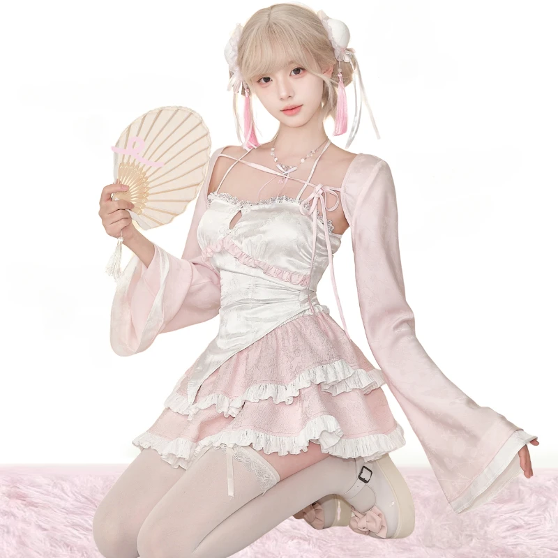 Pink Sweet Lolita Style Skirt Set Women Cute Short Cardigan Ruffles Chic Mini Cake Skirts Suits Female Korean Kawaii Y2k Outfit