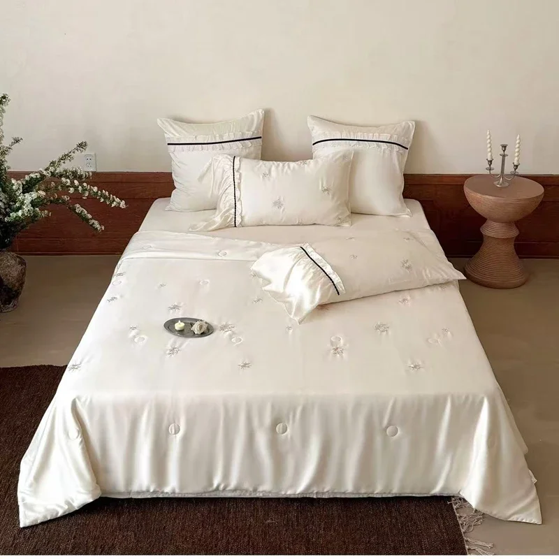 100% Eucalyptus Lyocell Fibre Quilt Embroidery Summer Blanket Cooling Silky Bedding Twin Queen Single Double Bed Comforter