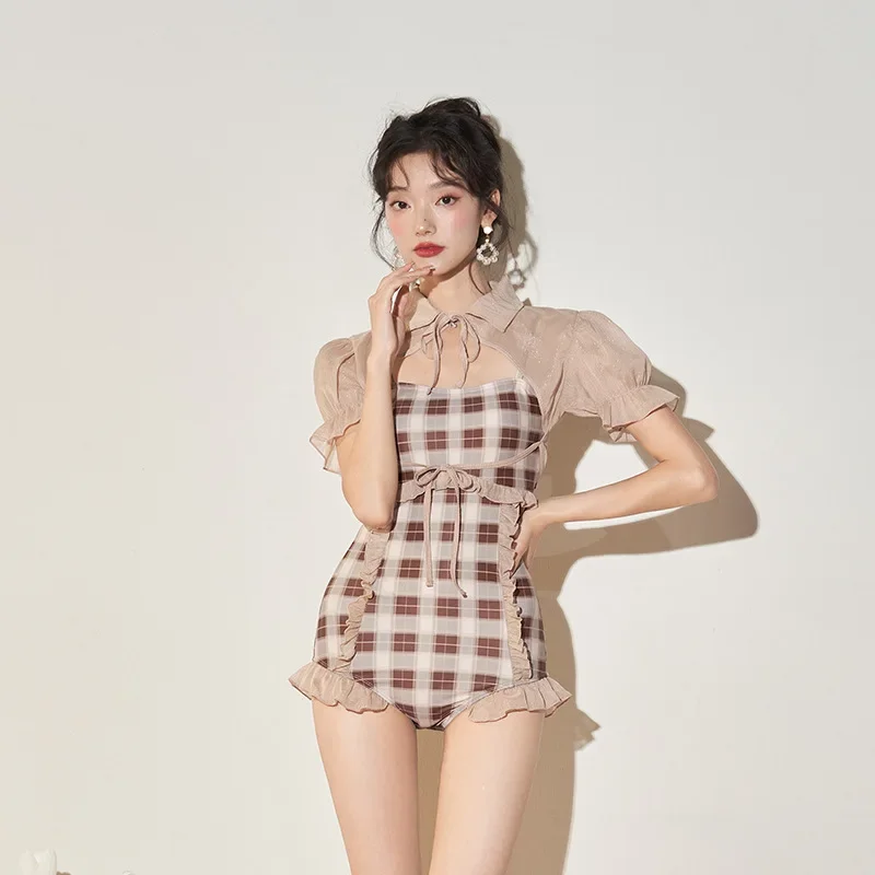 Asian One-piece Swimming Suit Women Small Chest Coverup Thin 2026 New Conservative Fashion Short Sleeve Hot Spring Beach Suit