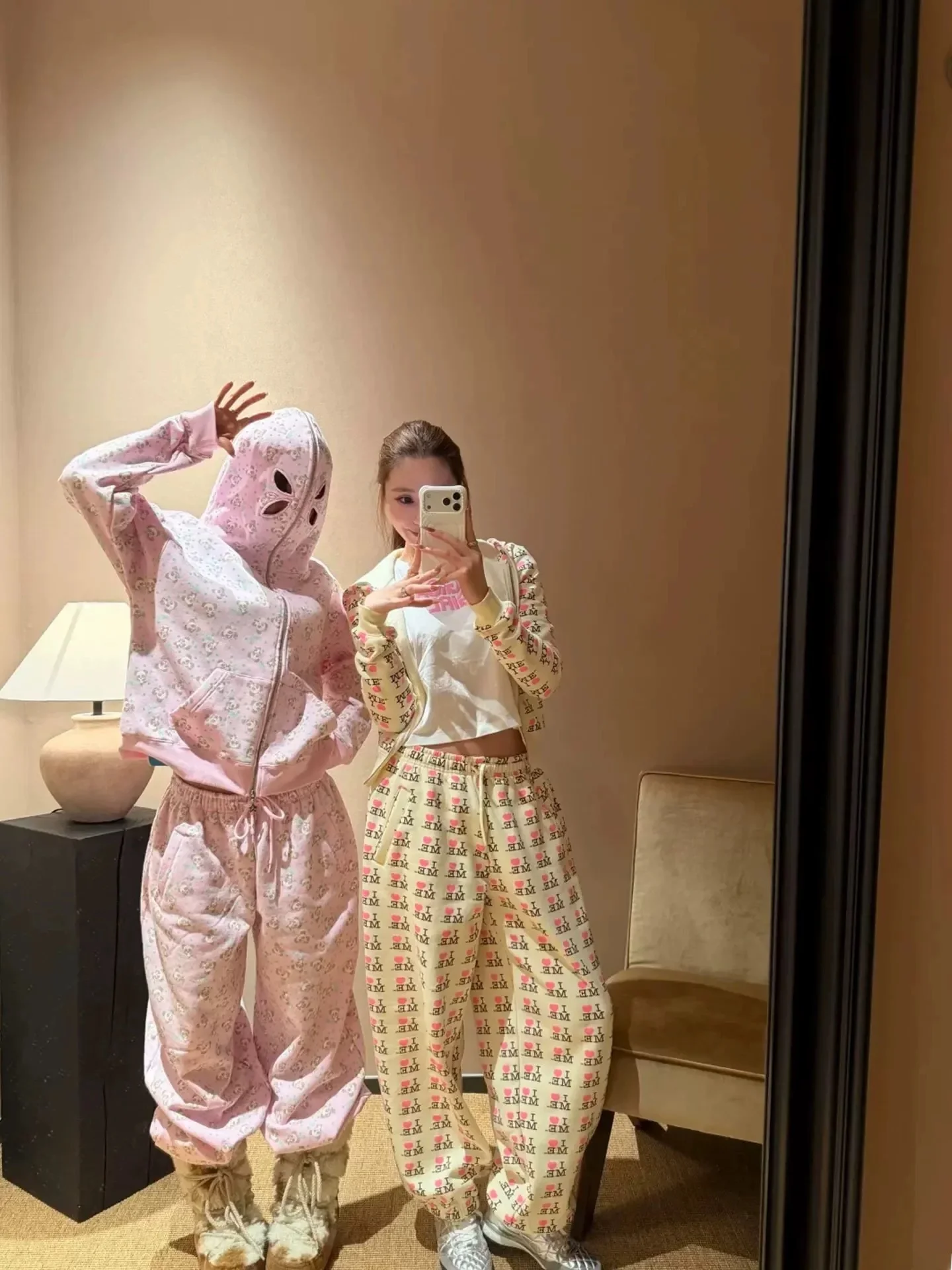 Adorable Pink Panda Print Hoodie Jacket Sweatpants Set Casual Style Long Sleeve Zipper Closure Cotton Inner for Universal Bod...