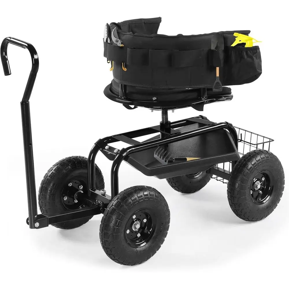 Adjustable Swivel Seat Garden Cart with Storage Basket, Rolling Patio Yard Work Stool in Black