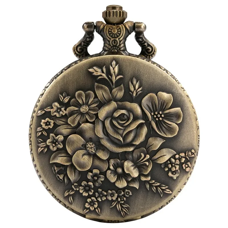 Classical 3D Rose Flower Case Men Women Arabic Number Quartz Pocket Watch Sweater Necklace Chain Collectable Timepiece Gift