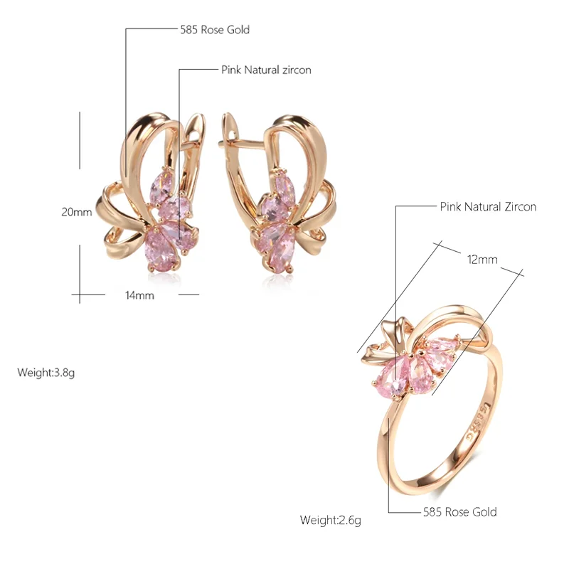 Wbmqda Pink Crystal Flower Drop Earrings For Women 585 Rose Gold Color Natural Zircon Setting Wedding Party Fashion Jewelry Sets