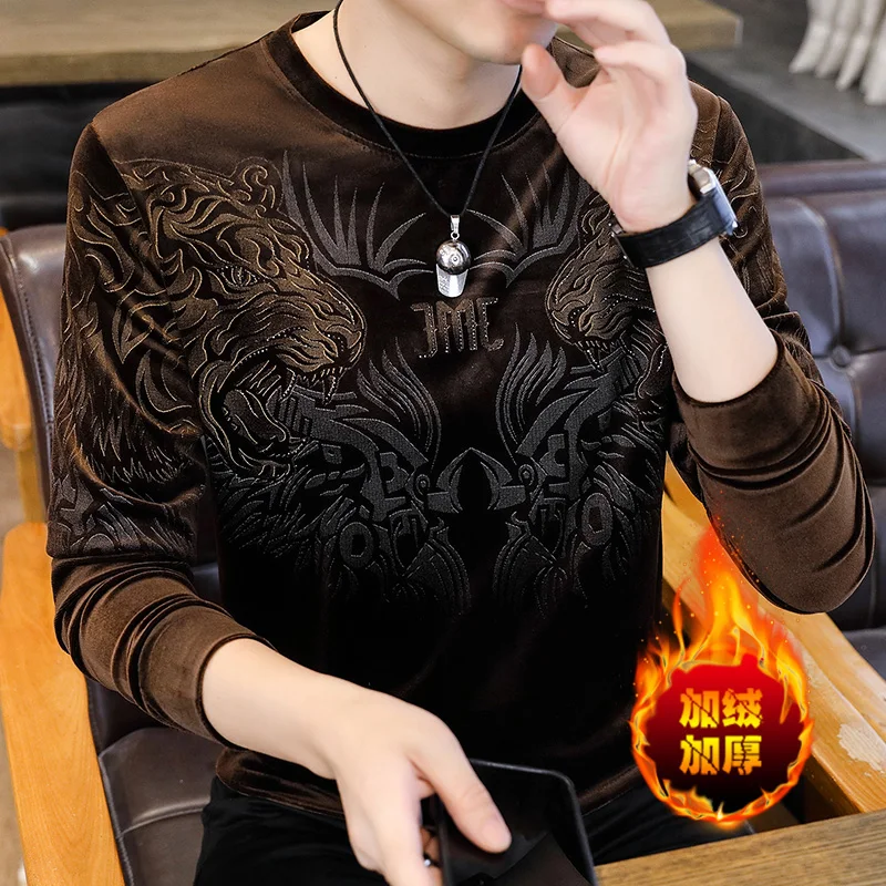 Autumn Winter Velvet Sweatshirt Men Luxurious Hot Stamping Retro Casual Crewneck Pullovers Tops Add Velvet Keep Warm Sweatshirts