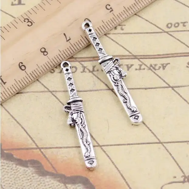 5pcs 44x8mm Tibetan Silver Charms Samurai Sword With Dragon Pendants EF3775