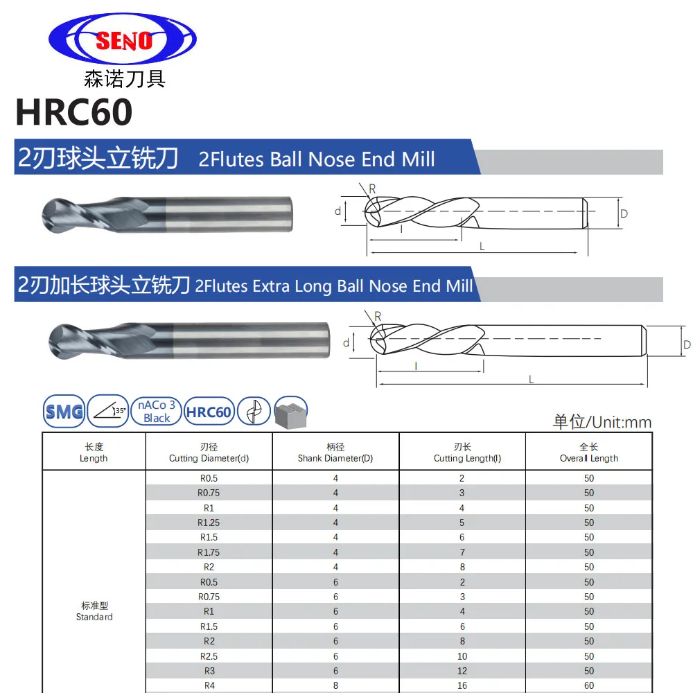 SENO CNC Tools 2 Flutes HRC65 Carbide Ball Nose End Mill Tungsten Steel Router Bit Milling Tool R0.5 4mm 6mm 8mm Carbide Cutter