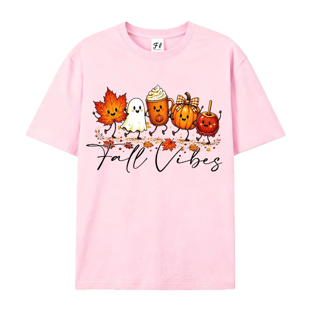 Women T Shirt Fall Vibes Graphic Tees Pumpkin Ghost Maple Leaf Spiced Latte Halloween Christmas Autumn Clothing Short Sleeve