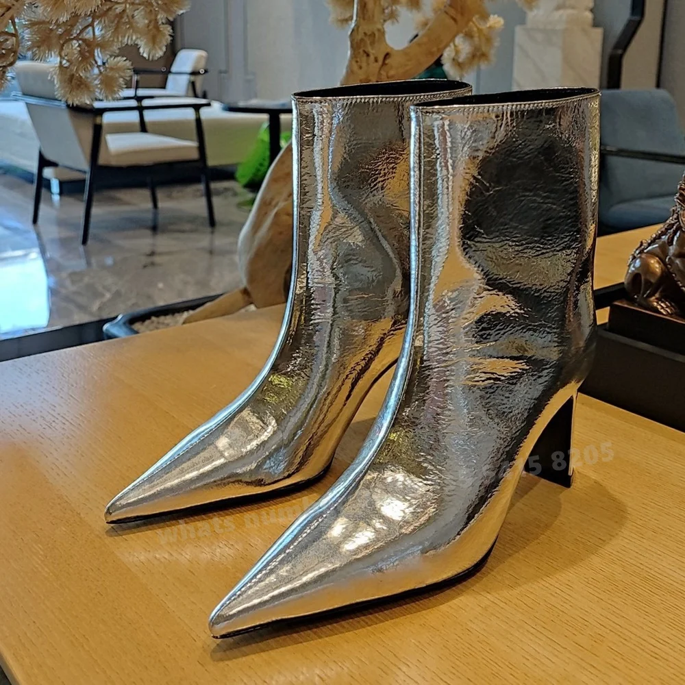 

Silver Pointy Chunky Heels Ankle Boots Side Zipper Glossy Mirror Women's Short Booties Elegant Party Shoes Casual 2024 Winter