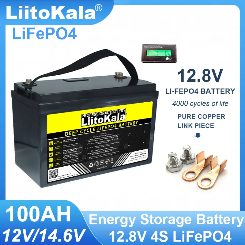 LiitoKala-paquete de baterías LiFePO4 de 12,8 V, 100Ah, 12V, litio, hierro, fosfato, 4000 ciclos, inversor, encendedor de coche, Solar, libre de