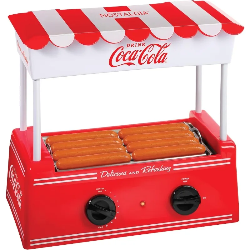 

Nostalgia Coca-Cola Hot Dog Roller Holds 8 Regular Sized or 4-Foot-Long Hot Dogs and 6 Bun Capacity, Stainless Steel Rollers, Pe