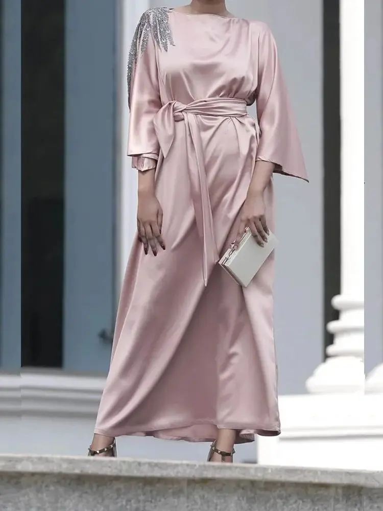 

Ramadan Eid Mubarak Muslim Beading Silk Dress Women's Abaya Dubai Turkey Islam Hijab Dress Vestidos Robe Musulmane Longue