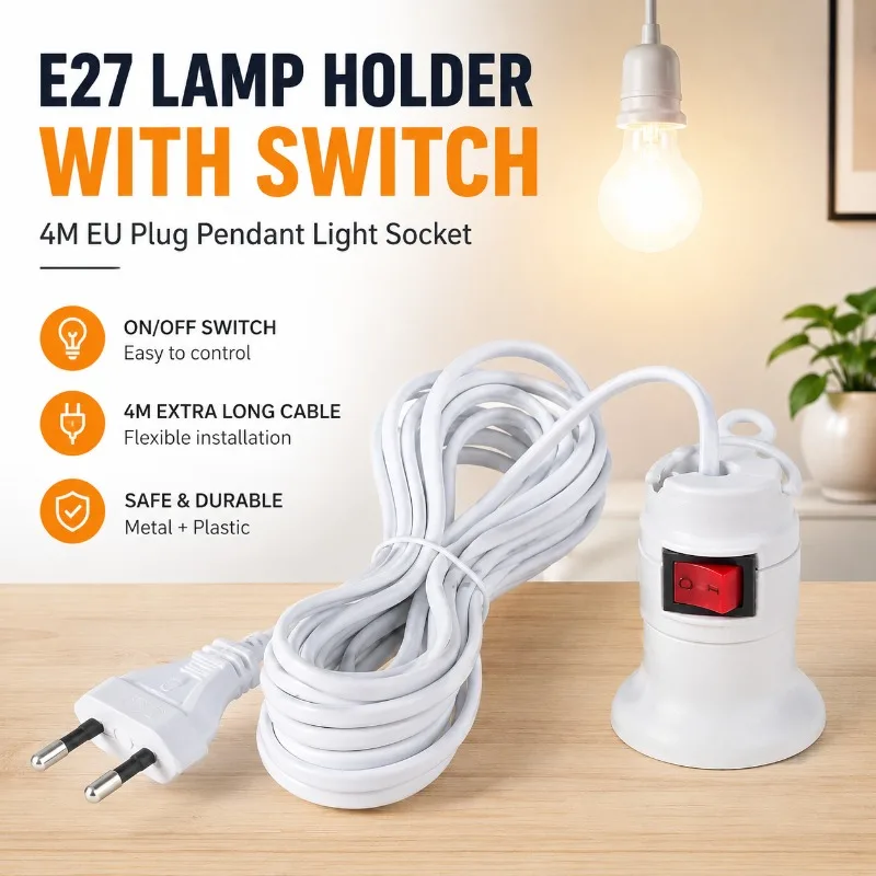 E27 Lamp Holder with Switch, 4M EU Plug Pendant Light Socket, Metal+Plastic, On/Off Control for LED Bulb