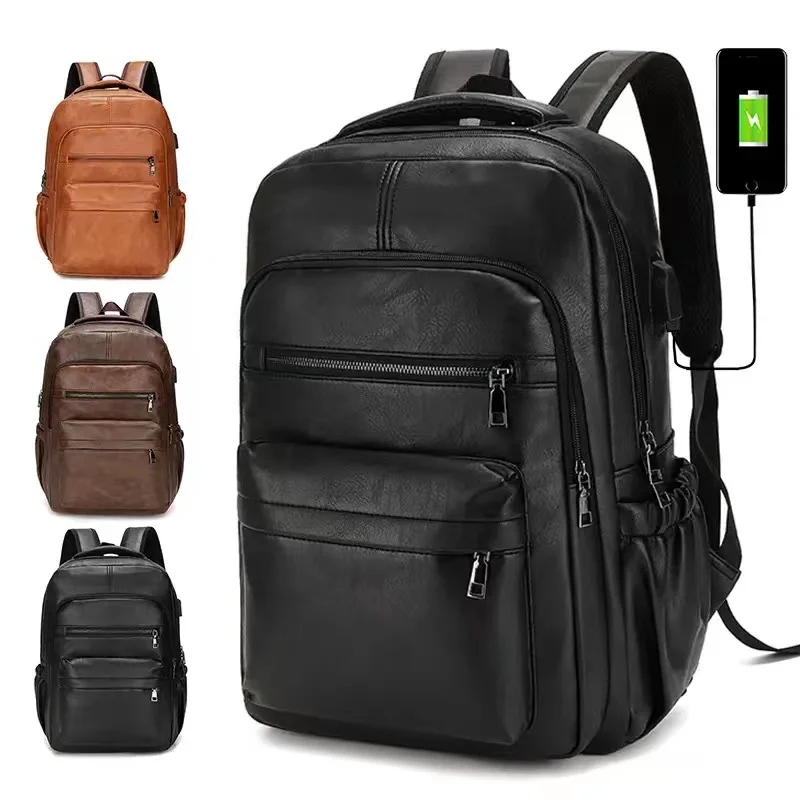 Vintage USB Charging PU Leather Backpack Men Large Capacity School Bags Teenage Backpacks Multifunctional Laptop Bag For Travel