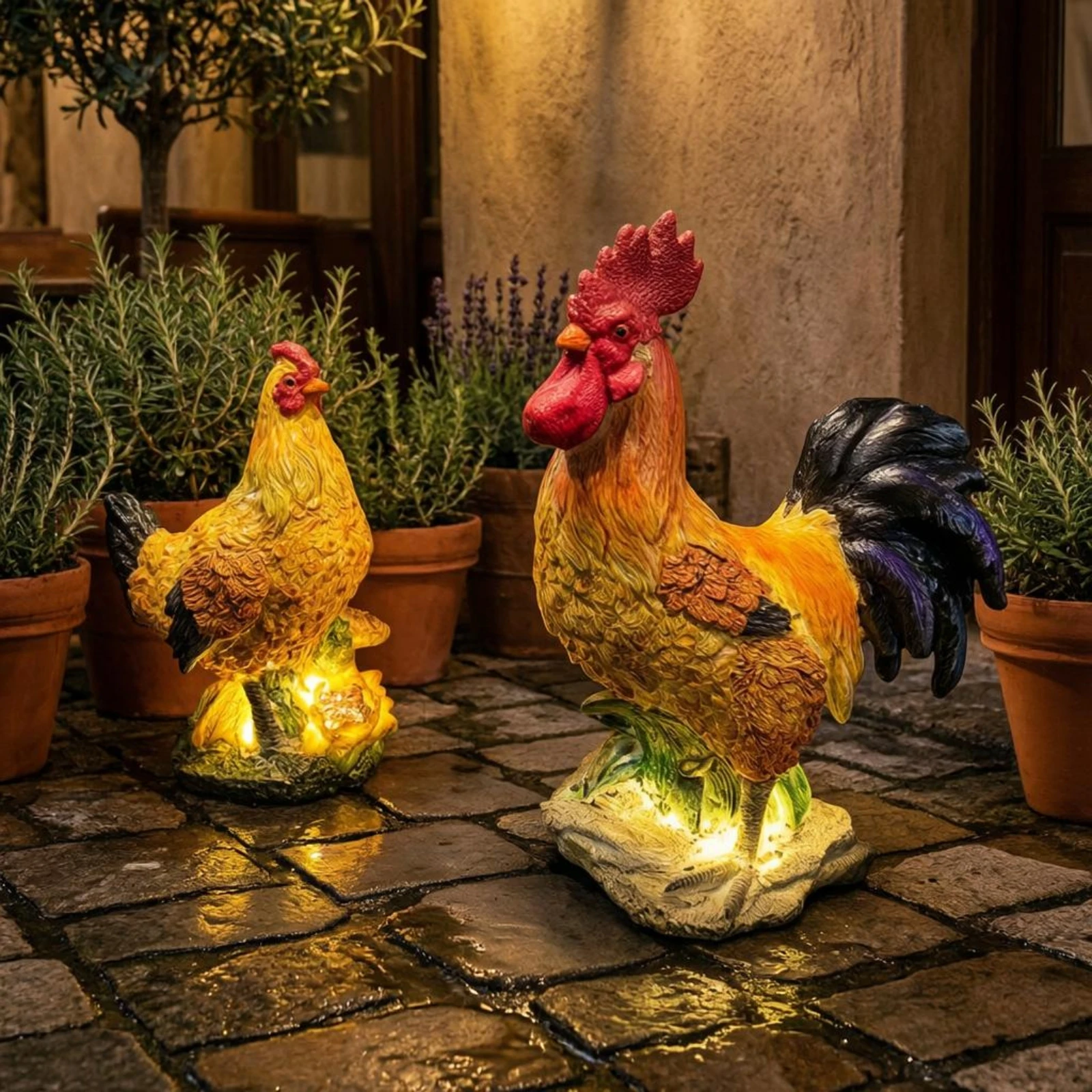 statue-de-coq-et-de-poule-avec-base-texturee-sculpture-de-poulet-solaire-pour-jardin-coq-colore-avec-lumiere-solaire-charme-rustique