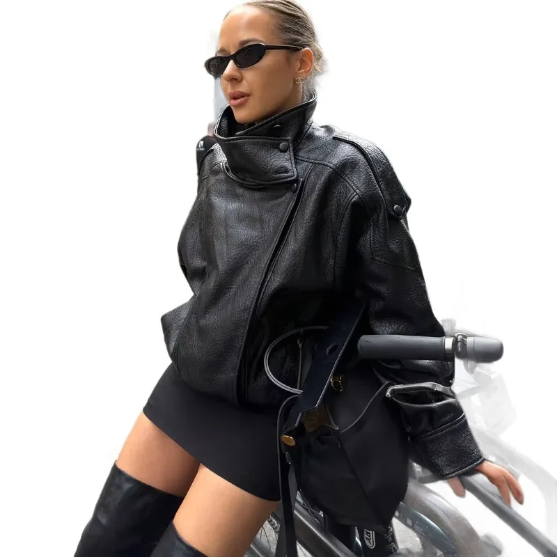Women' Loose Short Retro PU Leather Jacket Cross-border Temperament Commuting New Locomotive Wind Stand-up Collar Leather Jacket