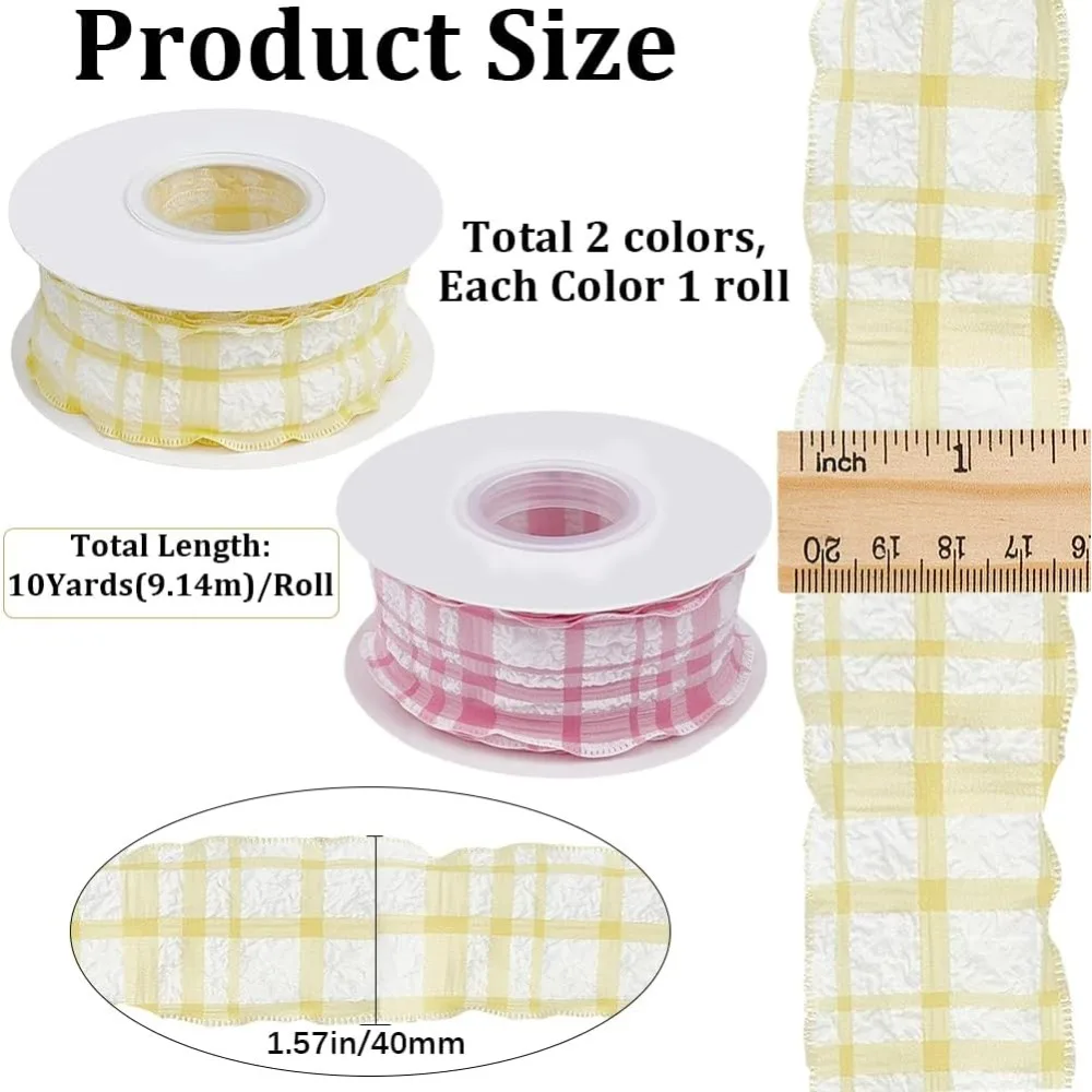 2 Rolls 20 Yards 1.5 Inch Pink Yellow Plaid Ribbon Double Ruffle Edge Pleated Pastel Chiffon Buffalo Checkered Gingham Fabric