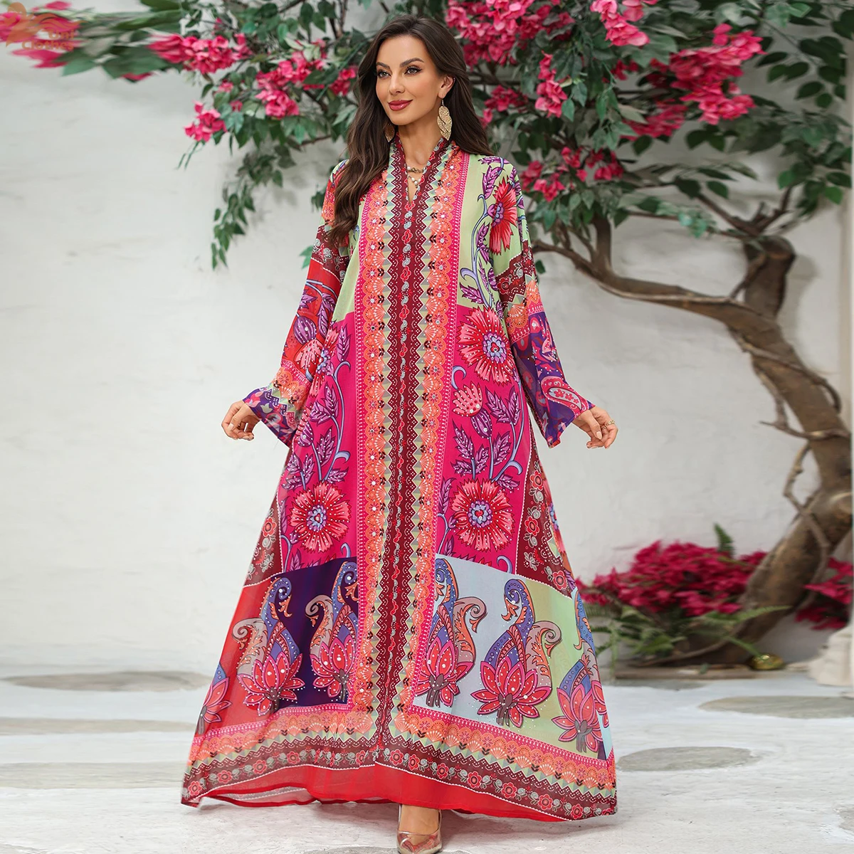 

Zahraa Dubai Floral Print Abaya Muslim Rhinestone Decorated Women Clothing Dresses For Women Gala 2026