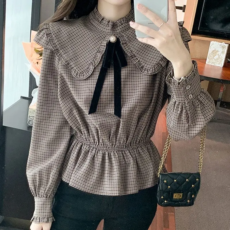 Ruffles Patchwork Pleated Blouse Spring Autumn New Long Sleeve Plaid Youth Vintage Shirt Tops Fashion Elegant Women Clothing