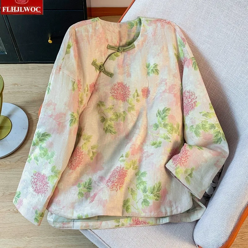 

Cotton Tops Blouses Cute Sweet Girls New Year Long Sleeve Retro Vintage Floral Japan Style O-Neck Women Knotted Buttons Parkas