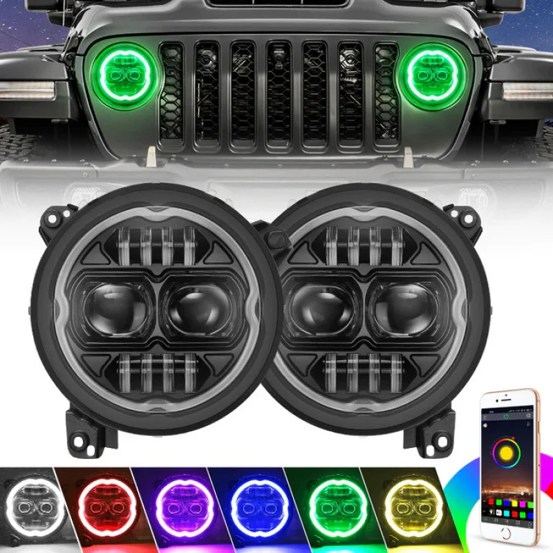 Suitable for 2018+ Wrangler JL Gladiator JT Angel Eye Ring Bluetooth Control RGB 9inch LED Headlight