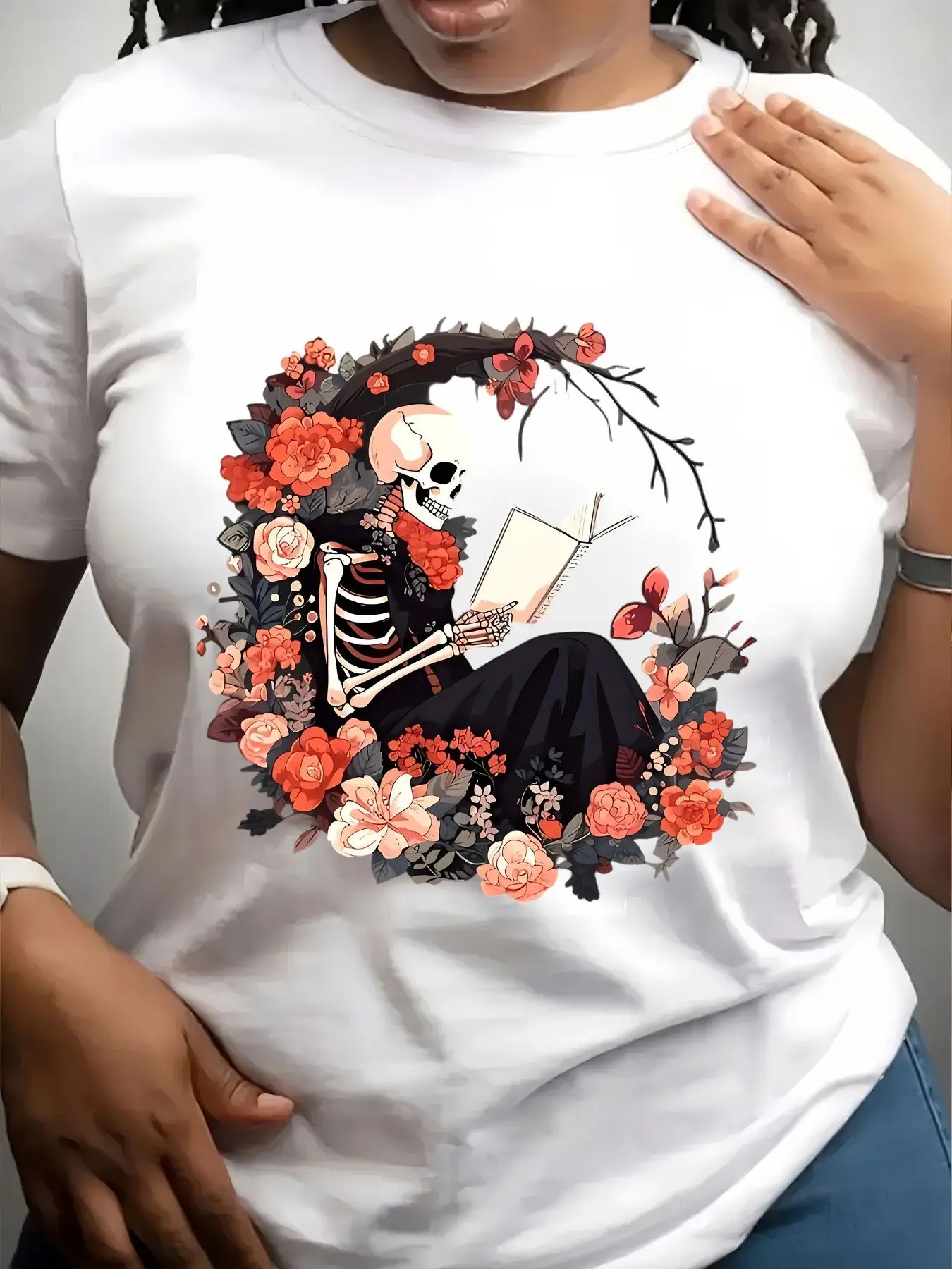 Women's Trendy Crew Neck T-Shirt Skeleton Reading Book Floral Wreath Suitable for Casual Sportswear