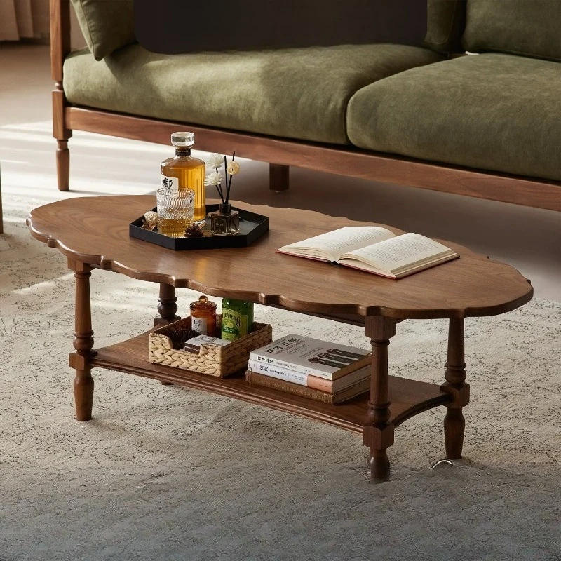 

LMM French retro black walnut coffee table double-layer solid wood household small apartment low table