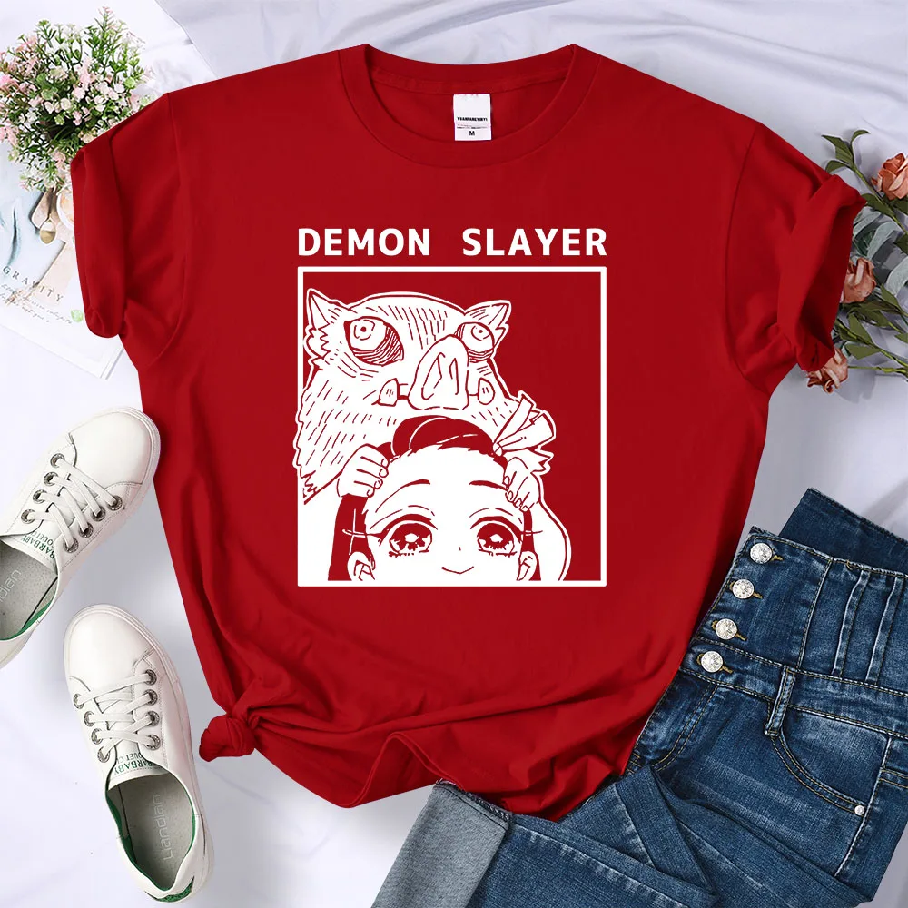 Demon Slayer Kamado Nezuko And Hashibira Inosuke T-Shirts Women Loose New Clothes Harajuku Street Tee Personality O-Neck T Shirt