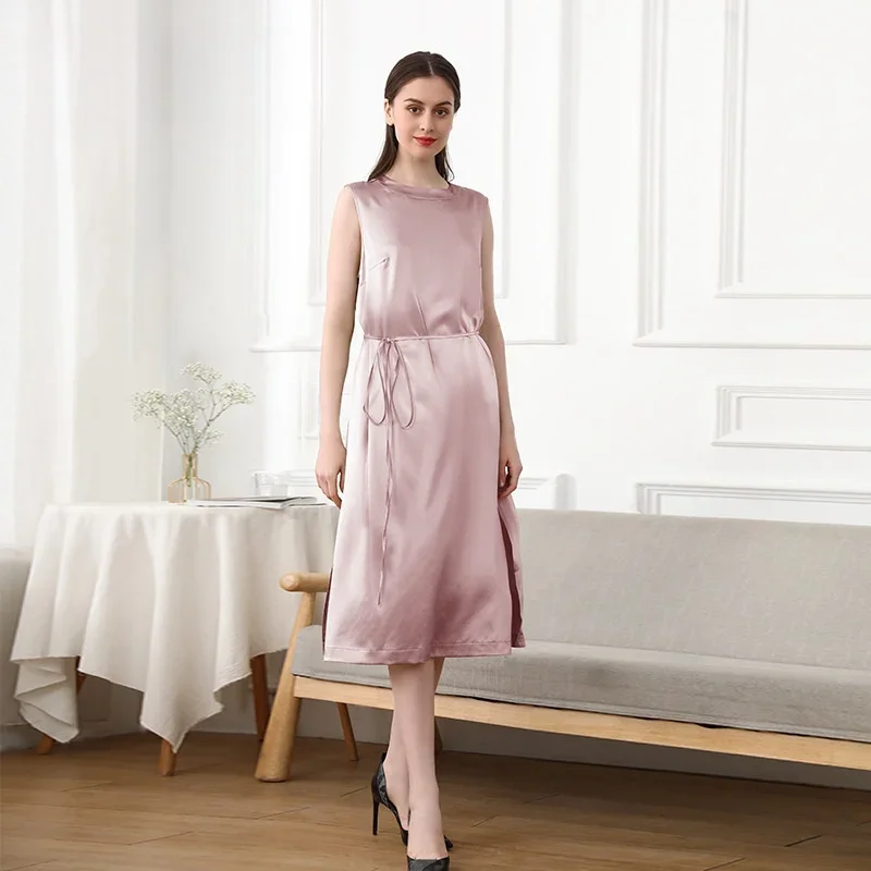 

22 Momme 100% Mulberry Silk Nightdress Women Sexy Slit Sleepwear Long Sleeveless Dress Comfortable Loungewear Sleepshirt Nightie