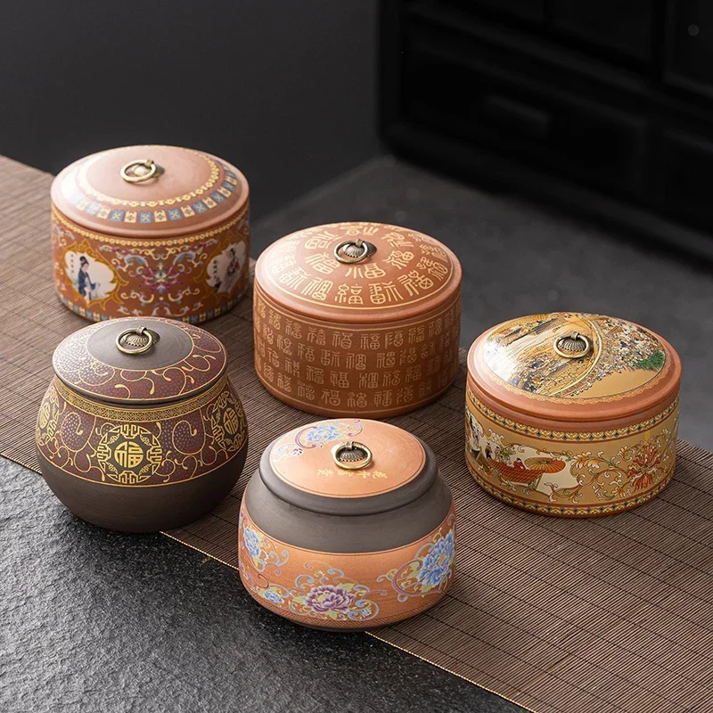 Modern Gold Plated Purple Sand Ceramic Tea Jar Household Moisture Proof Sealed Coffee Bean Tea Jar Merchandise Storage Container